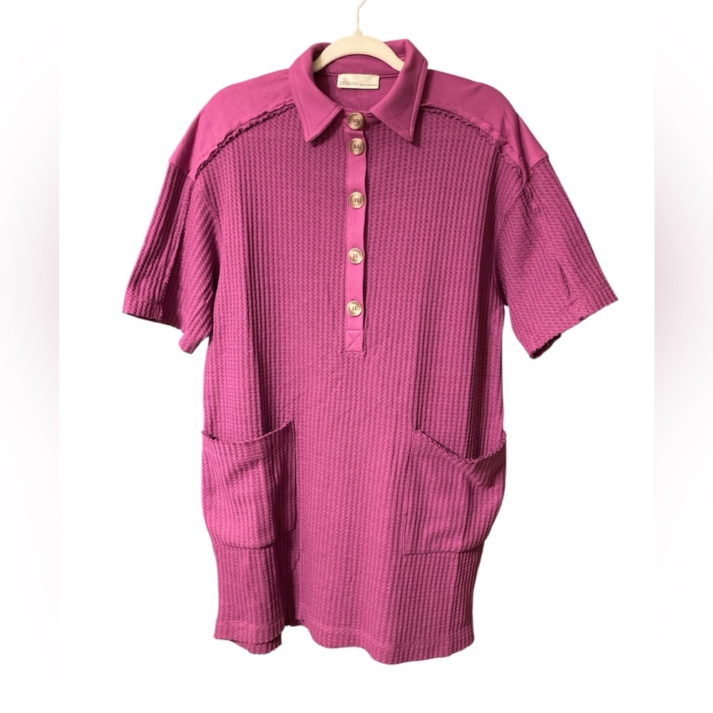 Zenana shift Waffle knit dress Half-Button & Pockets purple or green or blue